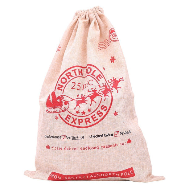 50x70cm Canvas Hessian Christmas Santa Sack Xmas Stocking Reindeer Kids Gift Bag, Hessian - North Pole Express
