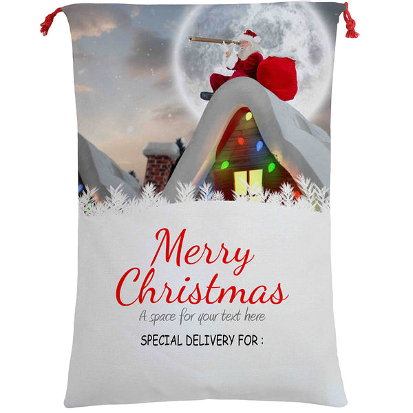 50x70cm Canvas Hessian Christmas Santa Sack Xmas Stocking Reindeer Kids Gift Bag, Santa On The Roof