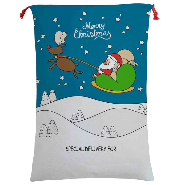 50x70cm Canvas Hessian Christmas Santa Sack Xmas Stocking Reindeer Kids Gift Bag, Cartoon Santa Fly