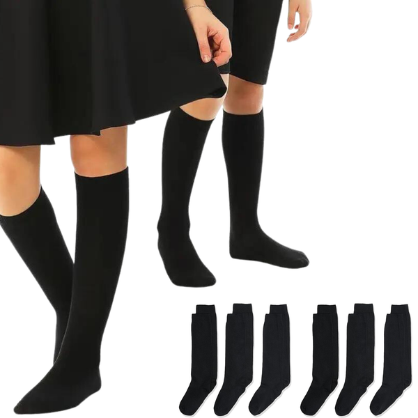 6x Pairs School Uniform Knee High Socks Cotton Rich Girls Boys Kids Bulk - Black - 6-11 (12+ Years Old)
